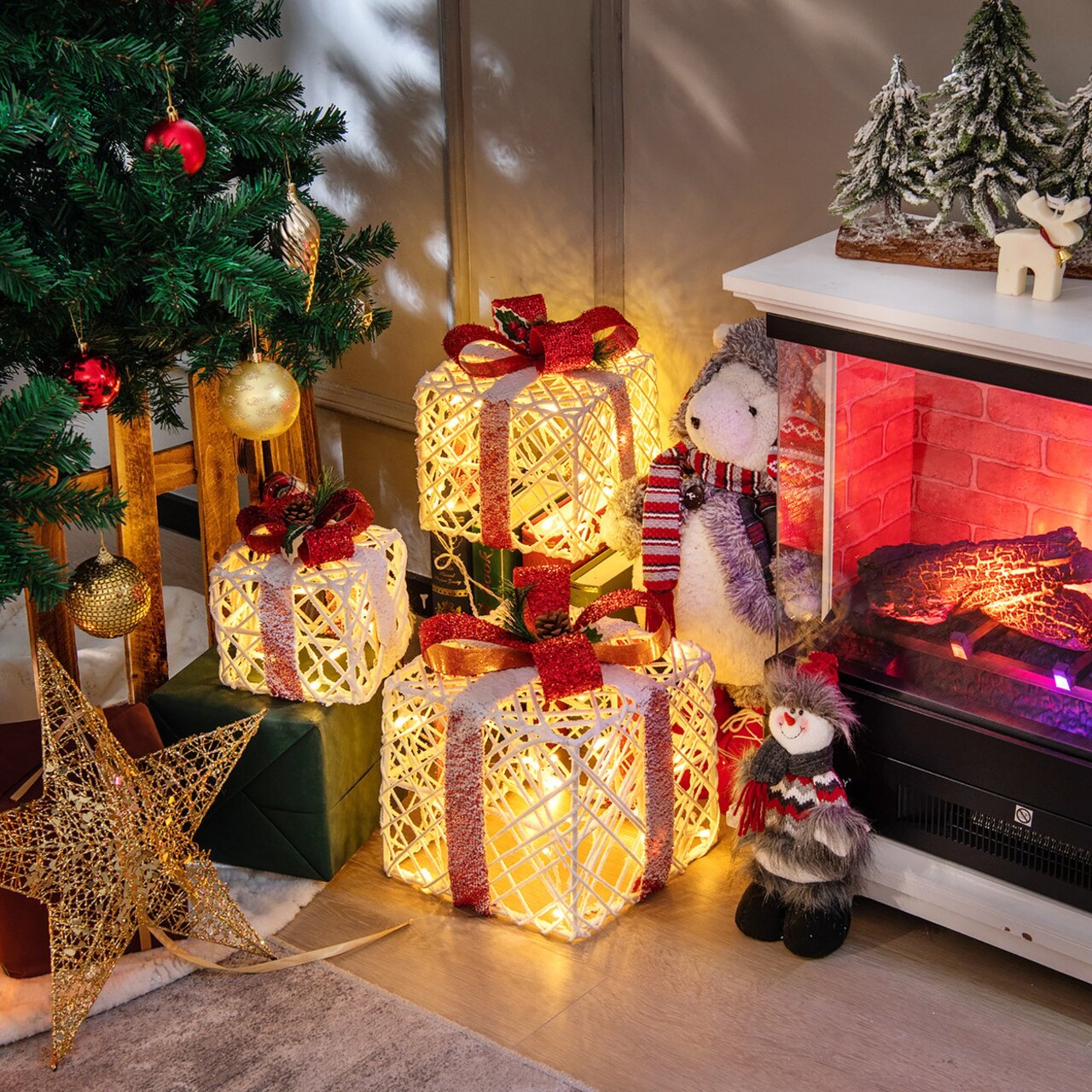 Set Of 3 Christmas Present Boxes Festival Lighted Decor Boxes W/ Warm Lights